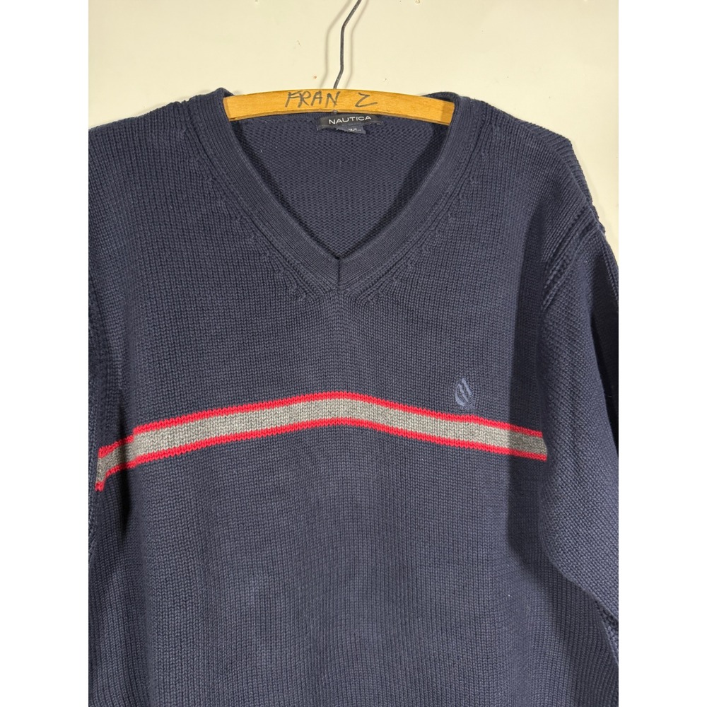 Nautica Mens V-Neck Sweater Navy Blue Striped Cotton Knit Pullover Large